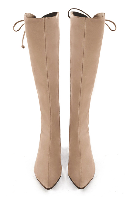 Tan beige women's knee-high boots, with laces at the back. Tapered toe. Low flare heels. Made to measure. Top view - Florence KOOIJMAN